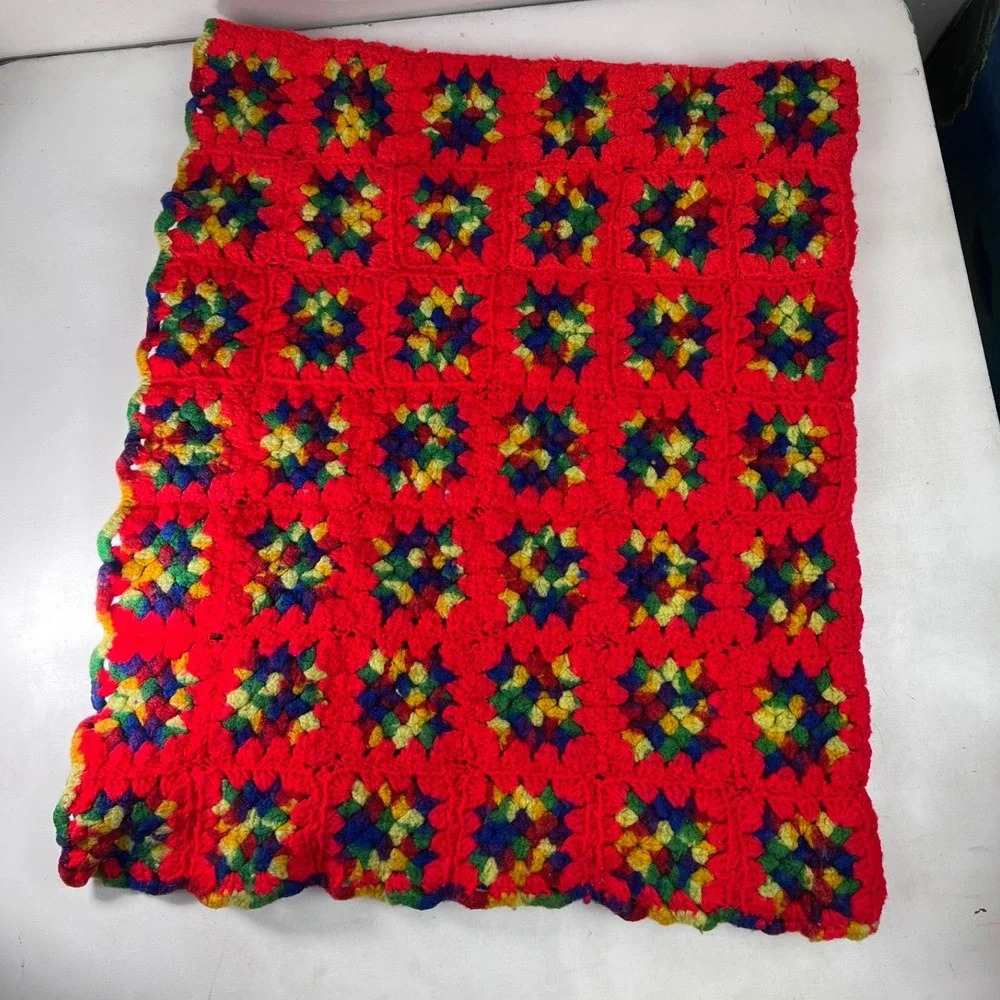 Red Crochet Granny Square Blanket Afghan Colorful Handmade Throw 66x52